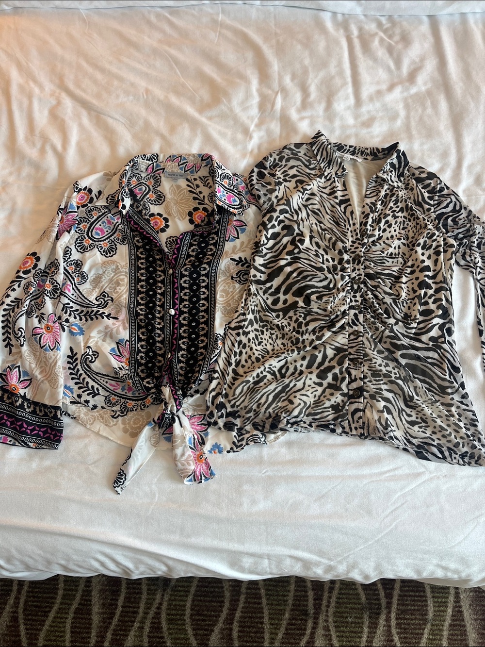 Set Women’s Printed Tie-Front Blouse and Animal Print Ruched Top black white